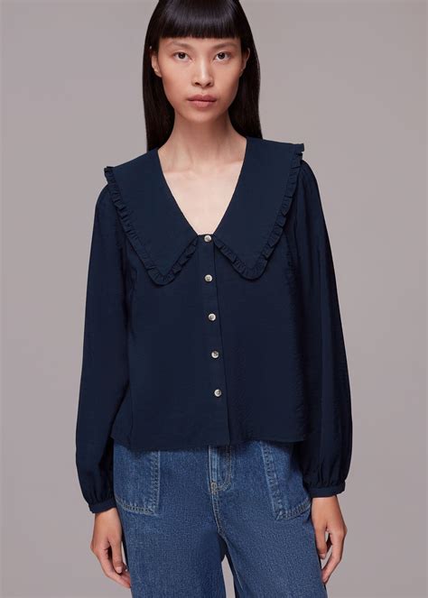 Navy Contrast Banding Long Sleeve Collar Detail Top